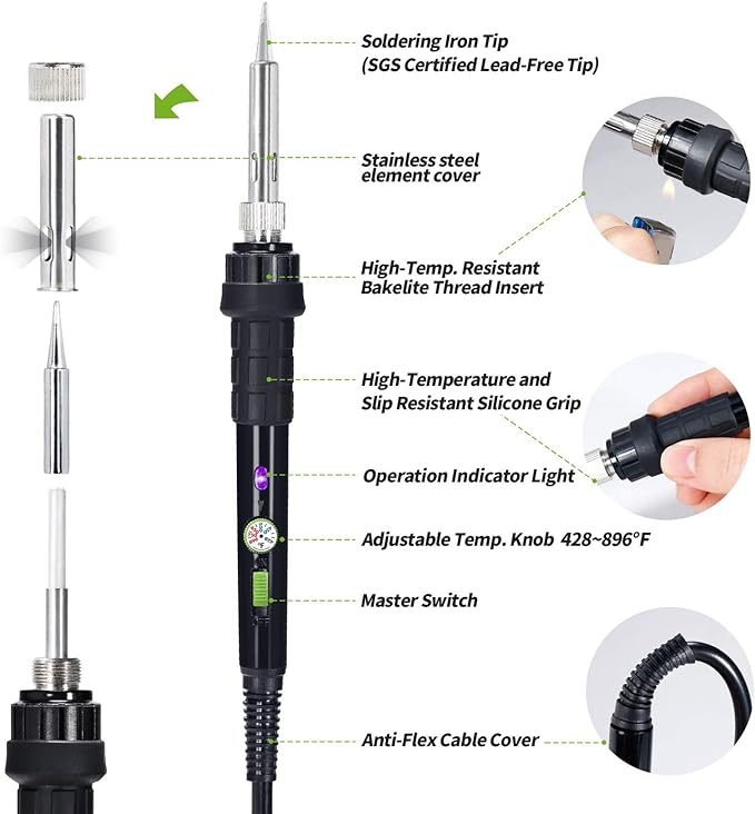 YIHUA 947-III Soldering Iron Kit with Temperature Stabilization, On-off Switch, 60W Portable Soldering Iron Kit with Holder, Tip Cleaner, Cleaning Sponge, 110V US Plug