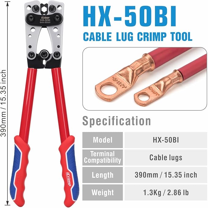 iCrimp Battery Terminal Crimper for Heavy Duty Copper Wire Lugs,Battery Cable Ends from AWG 8-1/0, Ground Lug Cimper Tool