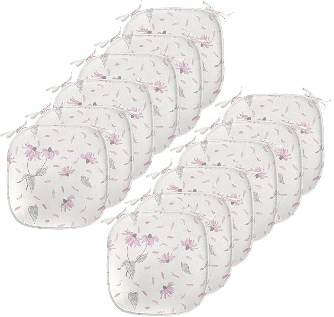 Lunarable Echinacea Chair Seating Cushion Set of 12, Spring Romance Repeating Floral Pattern in Pastel Tones, Anti-Slip Seat Padding for Kitchen & Patio, 16"x16", Off White Pale Pink