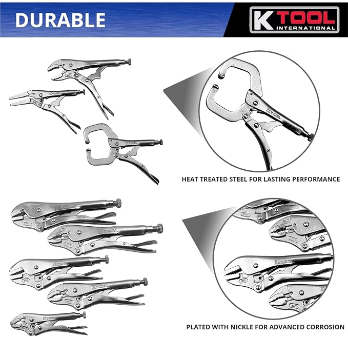 K Tool International 58730 Automotive Vice Grip Locking Straight, Curved Jaw, Needle Nose Plier Set for Garages, Repair Shops, and DIY, Heat Treated Nickel Plated Steel, Organizing Tray, 10 Piece