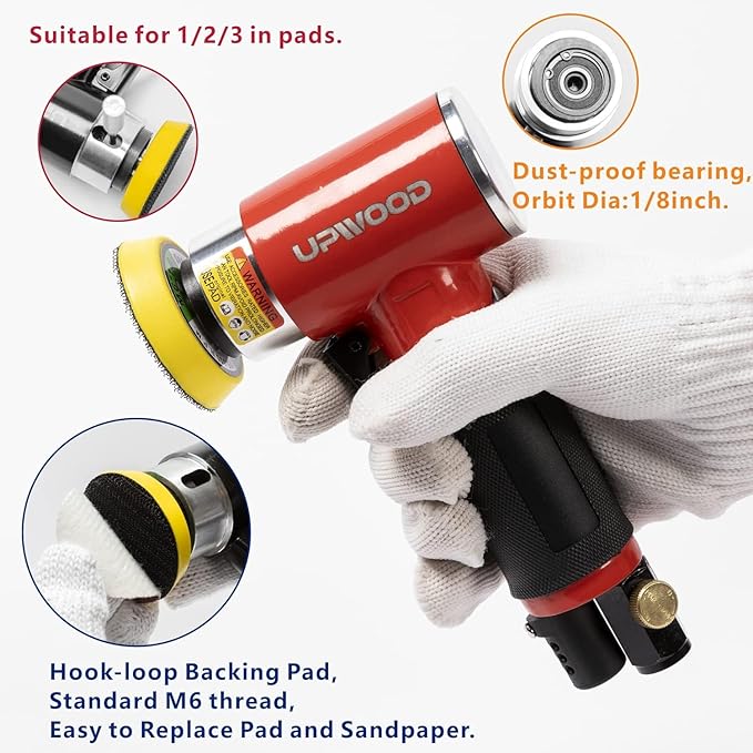 Mini Air Sander with 2'' 3'' Pads, Pneumatic Mini Sander 25mm/50mm Polisher for Auto Body Work Headlight Polishing Paint Cleaning with 24pcs Sandpapers and 16 Sanding Wheels