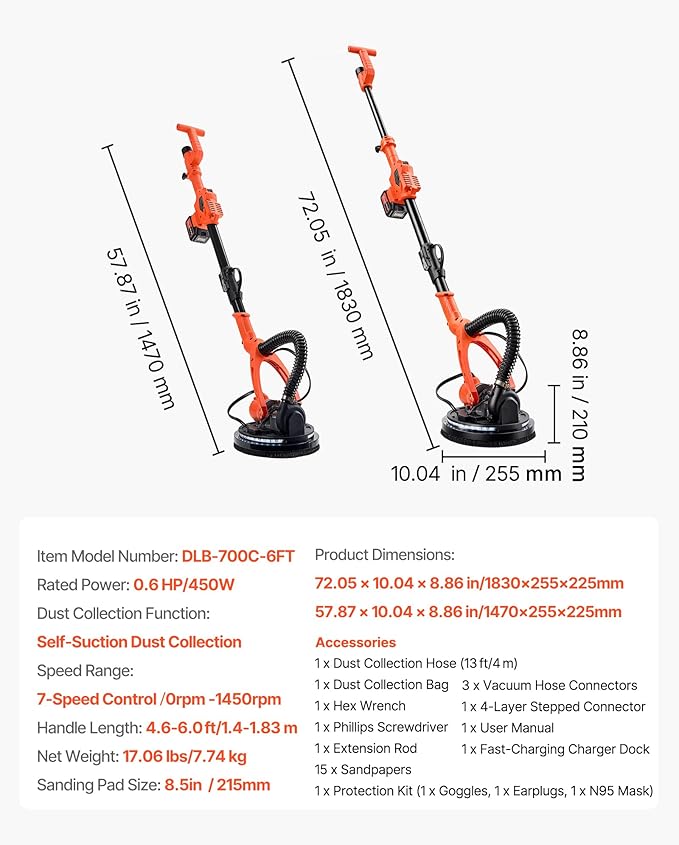 VEVOR Drywall Sander, 450W Cordless Electric Sander, Popcorn Ceiling Removal Tool with Vacuum Dust Collection, 7 Variable Speed 0-1600 RPM, LED Light, Foldable & Extendable Handle, 15 Sanding Discs