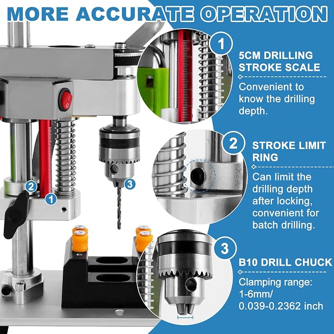 Mini Benchtop Drill Press with Work Light | Rear-Mounted 795 Motor, Small Bench Drilling Machine for Woodworking, Jewelry & Crafts, B10 Chuck, Motor & Belt Guard