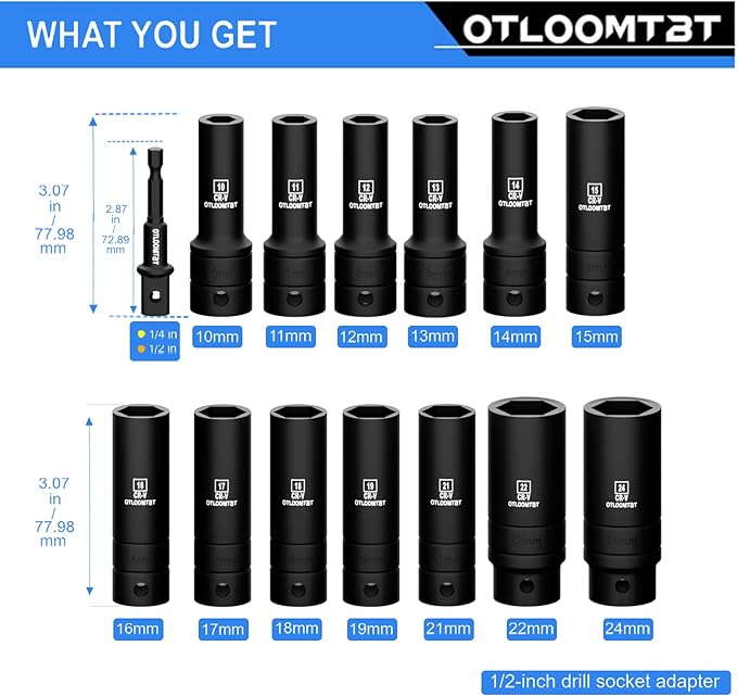 OTLOOMTBT 14-Piece 1/2-Inch Super-Rugged and Durable Impact Socket Set, Well-Made Industrial Grade Thicker Metric Deep Sockets & Socket Sets with Drill Socket Adapter 1/2 Drive, exceed than ANSI
