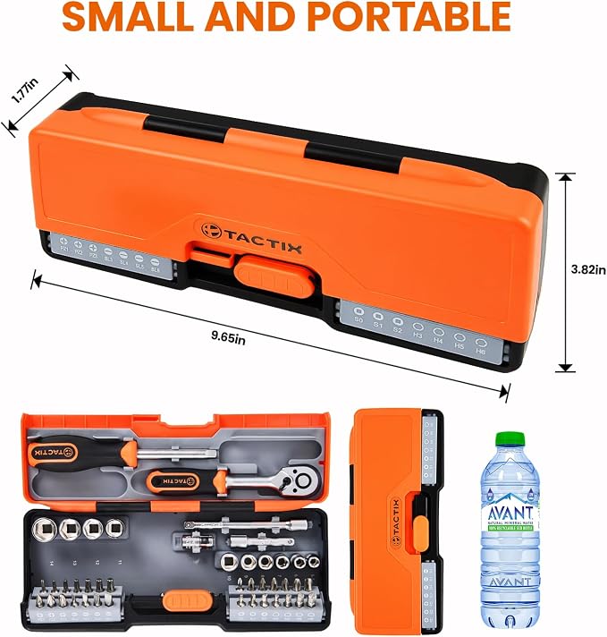 Tactix 43-Piece Socket Wrench and Bit Set 1/4'', CR-V Metric Sockets with Quick-Release Ratchet Wrench, Compact Sockets Set for Car Repair, with Storage Case