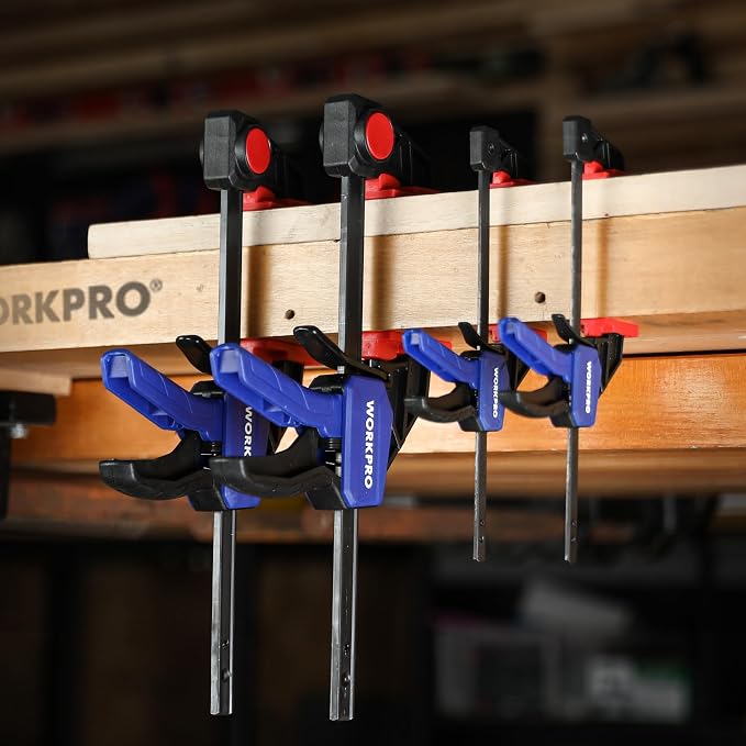 WORKPRO Mini Bar Clamps for Woodworking, 6"(2) and 4-1/2"(2), 4-Piece One-Handed Clamp/Spreader, Light-Duty Quick-Change F Clamp with 150lbs Load Limit Blue