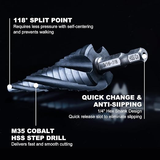 GRENPRO 3PCS Step Drill Bit Set, M35 Cobalt Drill Bit with AlTiN Coated, 1/4" Hex Shank Four Spiral Flute Unibit Drill 1/8"-7/8" for Metal, Stainless Steel, Aluminum, Copper,Aluminum, Wood, PVC