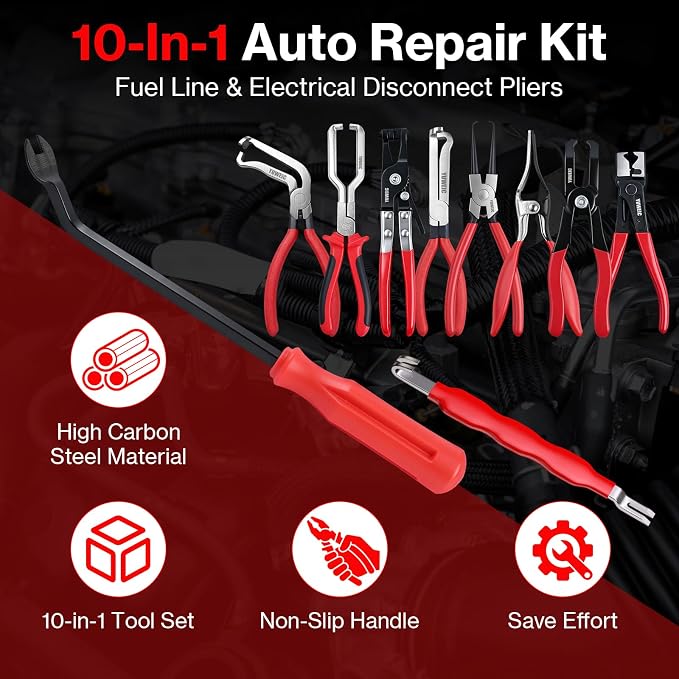 10 PCS Electrical Disconnect Pliers Fuel Line Disconnect Tool Kit, Hose Clamp Pliers Set with Snap Ring Pliers, Trim Removal Tools, Hose Removal Tool for Auto Repair