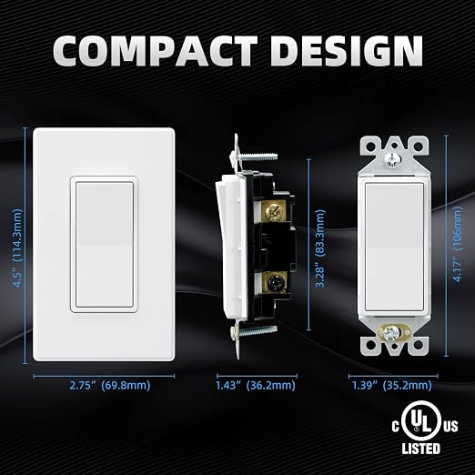 ELEGRP Matte White 3 Way Decorative Light Switch with Plate, 15 Amp, 120-277 Volt, AC Decors Rocker Paddle Wall Switch Replacement, Self-Grounding, Residential Grade, w/Wall Plate, UL Listed (5 Pack)
