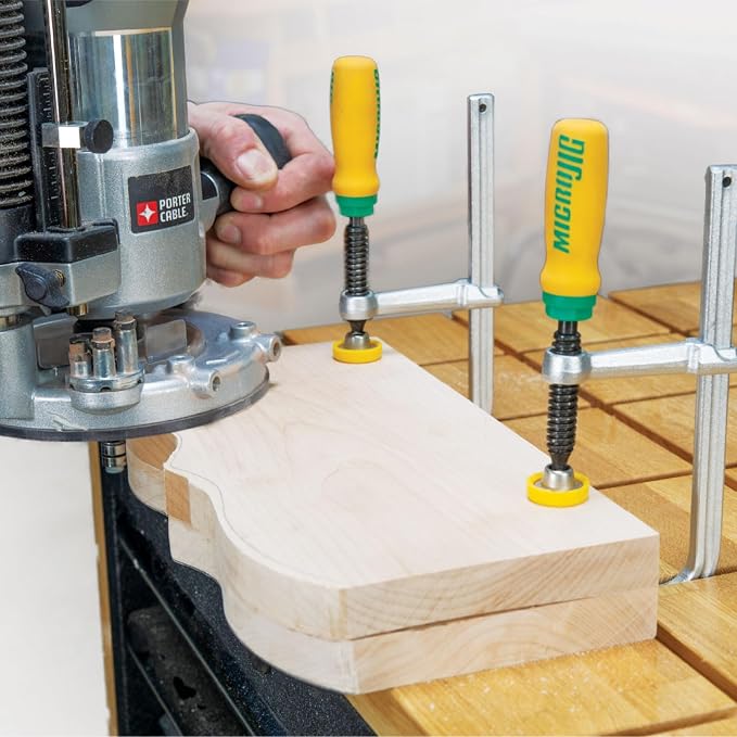 MICROJIG MatchFit Dovetail Clamps, Woodworking Track System Tools, DVC-538K2, 2-Pack, Yellow/Green | Fits 1/2 14 Degree Dovetail Bit, 595 Lb Clamping Force, Yellow and Green