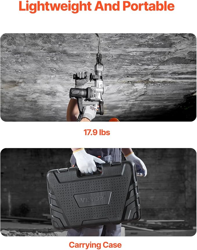 VEVOR Electric Demolition Hammer, 1400W Heavy Duty Jackhammer with 2 Chisel Bits and Carrying Case, 2900 BPM for Breaking Concrete, Includes Black Gloves