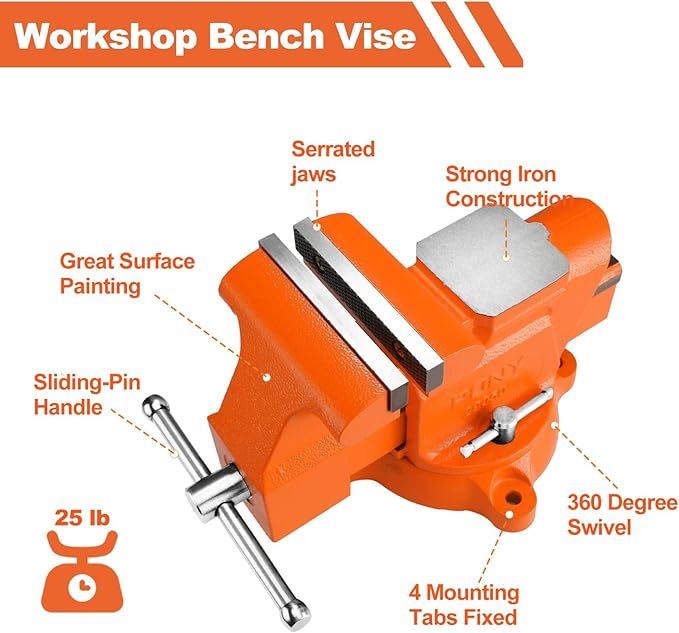 PONY Heavy Duty Bench Vise, 5-inch Jaw Width 4-inch Opening, Swivel Base With Anvil, Utility Combination Pipe Home Vise for Woodworking, One-Pair Jaw Pad Included