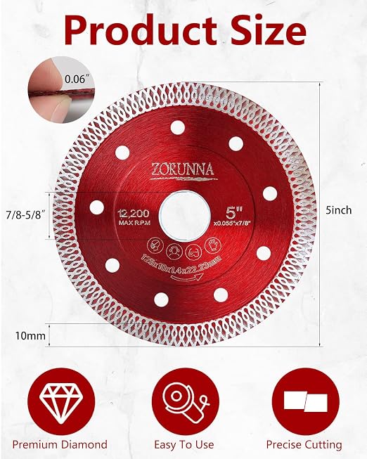 ZORUNNA 5Pcs Diamond Saw Blades, 5" Tile Grinder Cutting Blade for Angle Grinder Tile, Super Thin Indestructible Disc for Grinder for Cutting Porcelain Ceramic Granite Marble Quartz