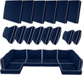 14 Piece Outdoor Furniture Replacement Cushions, Cover+Filling, 25.6" x 25.6" x 4" Foam Waterproof Outdoor Sofa Cushion Sets, Fit Wicker Rattan Sectional Conversation Set,Navy Blue+white Piping