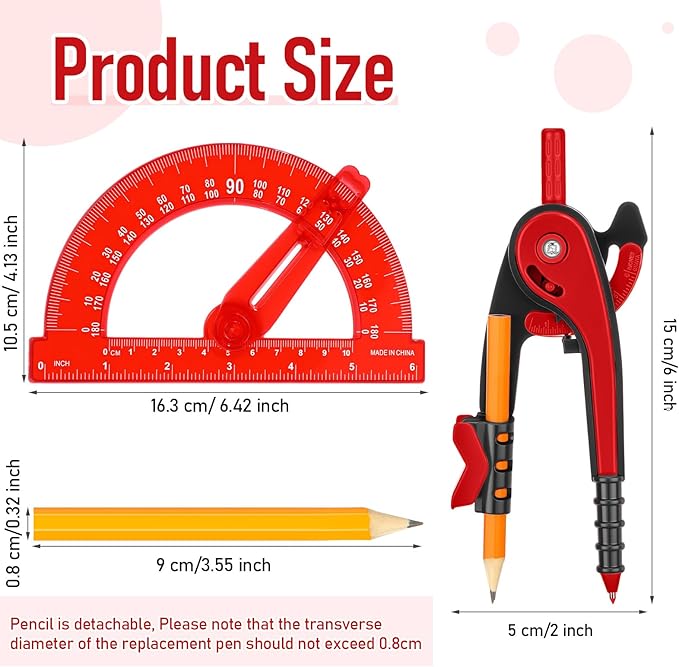 Zonon Student Protractor and Compass Set, Student Geometry Math Set Drawing Compass and 180 Degree 6 Inch Protractor with Swing Arm for Drawing Measuring School Office(Red)