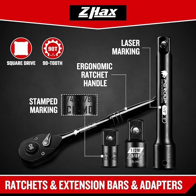 zhax 10-Piece Ratchet Set, 1/4”, 3/8”, 1/2” Drive 90-Tooth Ratchets & Accessories, Quick Release Reversible Ratchet Wrenches with Extension Bars & Socket Adapters for Repairing Home DIY