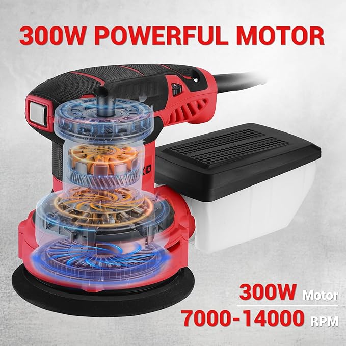 DEKOPRO Electric Sander with 16 Sandpapers, 14000RPM, 5-Inch, High Performance Dust Collection - For Woodworking