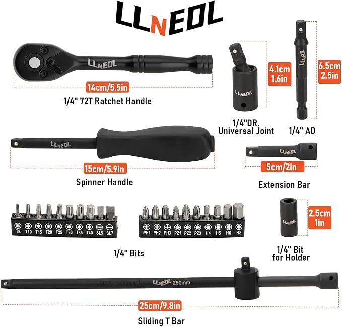 LLNEDL 1/4 Inch Drive Impact Socket Set, 83Pcs Socket Wrench Set Metric & SAE from 4-15mm, 5/32-9/16", 6 Point CR-V Deep & Shallow Sockets Kit with 72T Ratchet Handle, E Torx, for Automotive & Home