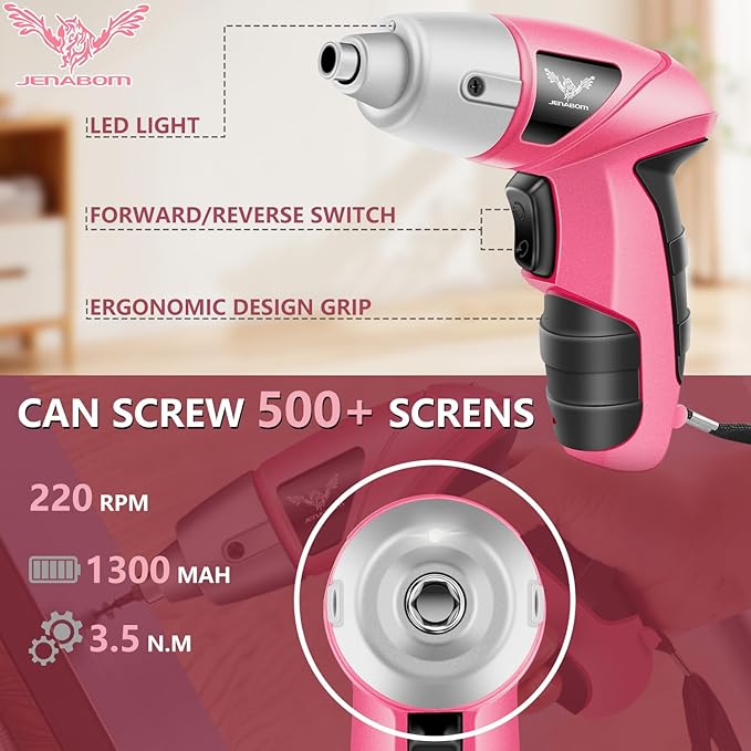 JENABOM Pink Cordless Electric Screwdriver, 3.6V Rechargeable Small Electric Drill with 24pcs Driver Bit Set, Power 3.5Nm Screw Gun with LED Light for Women