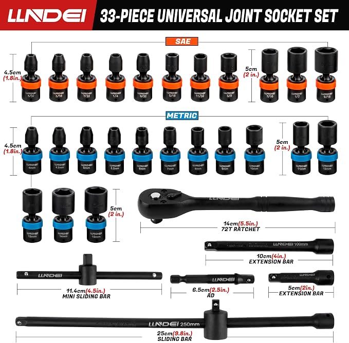 LLNDEI 1/4-Inch Drive Swivel Socket Set, 32Pcs Metric | SAE(5/32-9/16"), Wobble Sockets, 6 Point with Ratchet Wrench Handle, Extension Bars and Adapter, DIY mechanic & garage shop