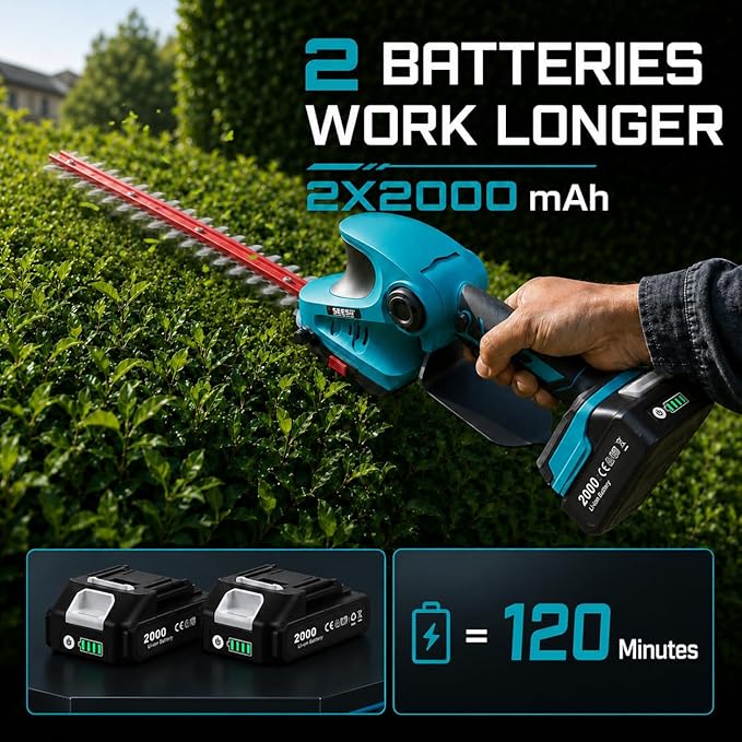Seesii 20V Cordless 2-in-1 Hedge Trimmer: 12" Shrub Trimmer & 6" Grass Shears, Dual-Action SK5 Blades, 2 x 2.0Ah Batteries, Rotating Handle, 1/2" Cut Capacity for Small Yards, Bushes and Lawn Edges