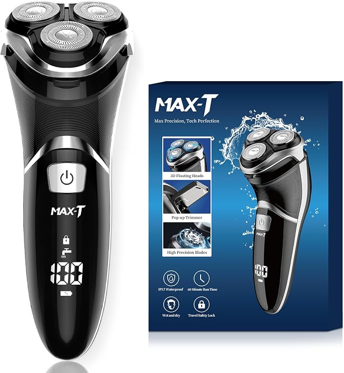 Men's Electric Shaver - MAX-T Corded and Cordless Rechargeable 3D Rotary Shaver Razor for Men with Pop-up Sideburn Trimmer Wet and Dry, IPX7 Waterproof, Plug & Play