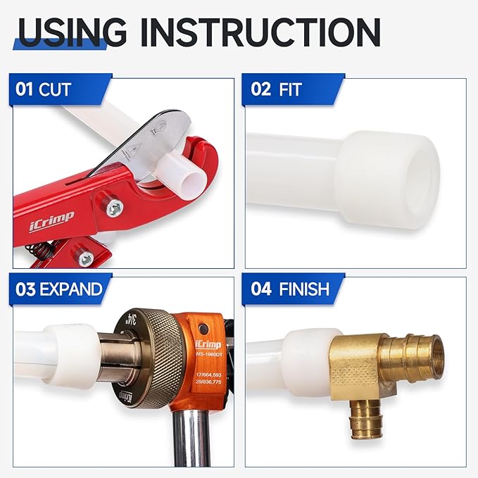 iCrimp Manual PEX Expander Tool Kit with Indexed Auto-Rotating Heads, Extendable Handle for 1/2", 3/4" & 1" ProPEX / F1960 Fittings, Includes Cutter & Lubricant