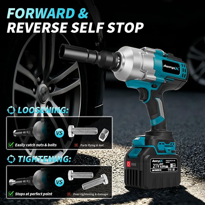 AwxryoX 21V Cordless Impact Wrench,1623Ft-lbs(2200N.m) High Torque Brushless Impact Gun with 2×6.0Ah Battery,3/4" 4 Speed Electric Pistola De Impacto with 1/2 Adapter for Truck/Mower/Car/Industrial