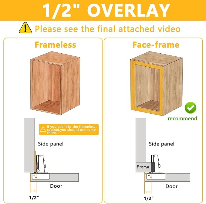 60 Pack Soft Close Cabinet Door Hinges for 1/2" Partial Overlay Cupboard, 100 Degree Opening Angel, Stainless Concealed Kitchen Cabinet Hinges with Mounting Screws and Manual