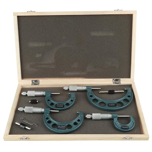 Oumefar 0‑100mm Outside Micrometer Set, 4pcs Cast Iron Outside Micrometers 0.01mm Accuracy External Micrometer 0-4 Inch for Diameter Measurement with Case