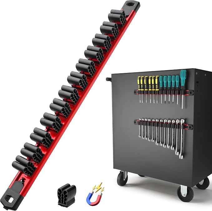 Reniteco Magnetic Screwdriver & Wrench Organizer, 12-Slot Tool Holder | Heavy-Duty Aluminum Alloy Rail Tool Holder, Flexible High-Tension Tool Clips, Magnetic Base, Tool Box Drawer or Wall Mount
