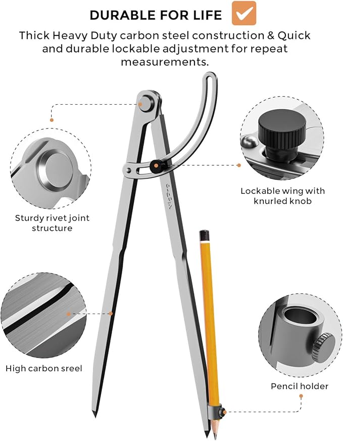 Nicpro 12 Inch Compass for Woodworking with Wing and Pencil Holder, Professional Carpenter Pencil Compass Great for Geometry, Drawing, Drafting