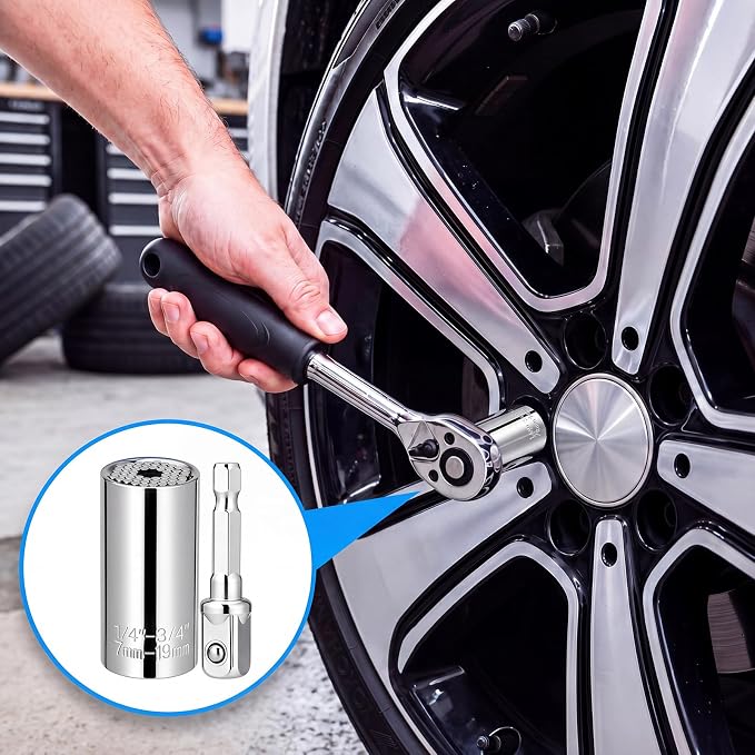 12 Pack Universal Socket, 7-19mm Adjustable Wrench with Power Drill Adapter, Self Adjusting Socket Fits Standard Metric Nuts Bolts Hooks Eye Screws for Auto Repair (Silver)