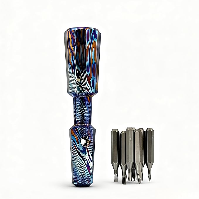 Mini Titanium EDC Pocket Screwdriver with 7 Bit Storage, 81mm / 3.19in Magnetic Precision Hex Driver Tool, Portable Polygon Everyday Carry Tool (Titanium Damascus)