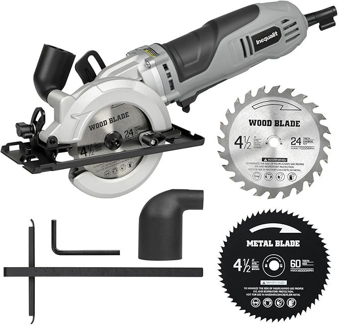 710W Mini Circular Saw, 5200RPM 6Amp Corded Compact Saw with 4-1/2" 24T TCT & 60T HSS Blade, Parallel Guide Ruler, Allen Wrench, Vacuum Adapter, Max Cutting Depth 1-2/3"(90°) 1''(45°)