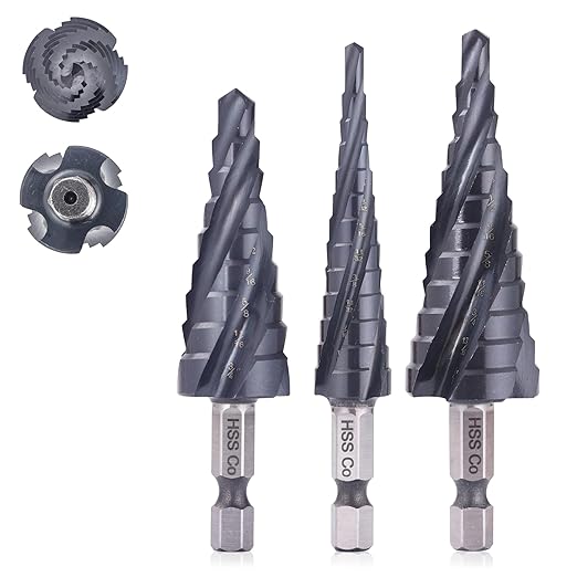 M35 Four Spiral Flute Cobalt Step Drill Bit Set 1/8"-7/8", Industrial Grade Wear-Resistant TiAlN Coated 1/4" Hex Shank Step Bit for Metal, Stainless Steel, Aluminum, Wood, Plastic (3pcs)