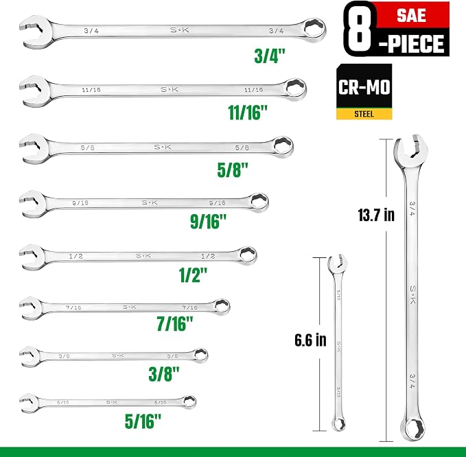 SK 6 Point Bolt Extractor Wrench Set, SAE 5/16''-3/4'', 8-Piece, Extra Long | Combination Wrench Set for Rounded and Stripped Bolts Removal, Mirror Krome Finish, Premium CR-MO Steel