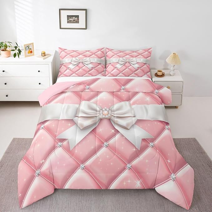 Feelyou Bow Comforter Set Queen Size Glitter Bowknot Bedding Set for Kids Boys Girls Princess Duvet Quilt Bedroom Decor Microfiber 3 Pcs with 2 Pillow Cases