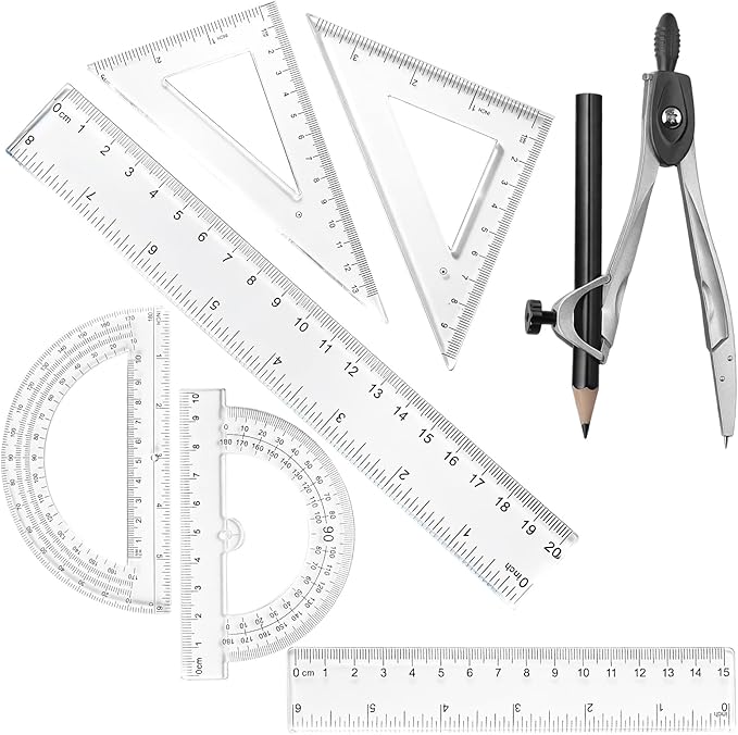 1 Set Plastic Geometry Math Set, Measuring Tool Includes Clear Ruler 12 Inch 6 Inch 6 and 3.8 Inches Protractor 45/60 Degree Triangle Rulers Compass for Office Drawing Drafting Engineering