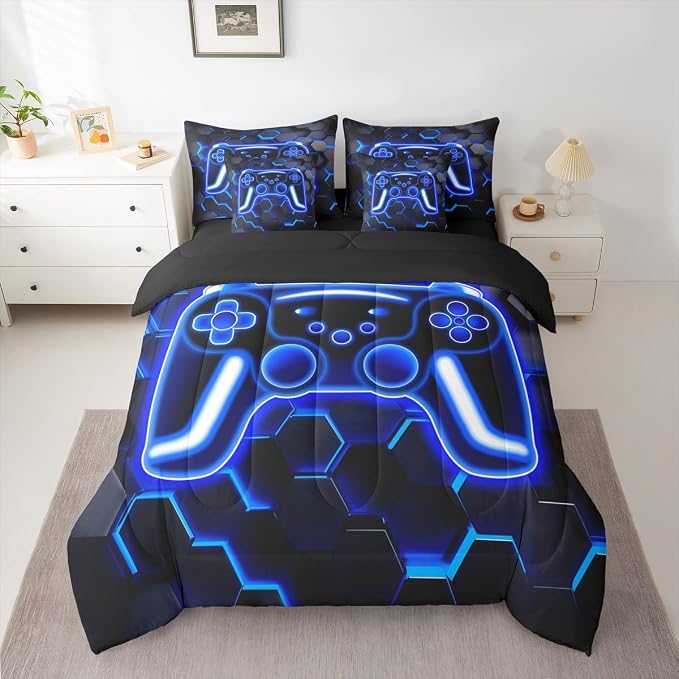 Erosebridal Gaming King Size Comforter Set with Sheets, Neon Honeycomb Gamer 7 Piece Bedding Set Retro Game Console Bed in a Bag, Blue Hexagon Lights Room Decor,Gamer Room Decor for Boys