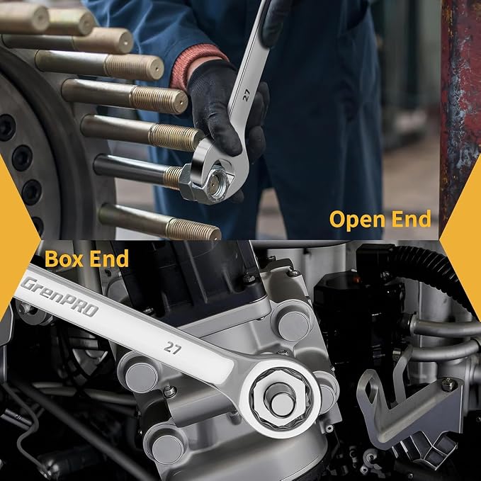 GRENPRO 7PC Metric Large Wrench Set, 23-32MM Combination Open End Wrenches | Includes 23mm 24mm 26mm 27mm 30mm 32mm Long Wrenches Sets, 15° Offset 12-Point Box End, Roll-Up Pouch & Gauge, CR-V Steel