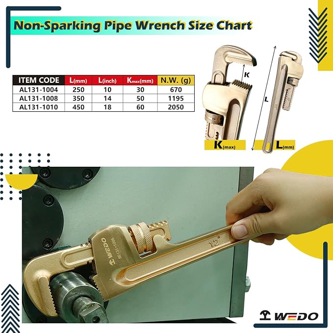WEDO Non-Sparking Pipe Wrench Set,10" 14" 18",3PCS Spark-Free Straight Plumbing Wrench Set, No Spark Safety Adjustable Spanner, Aluminum Bronze,Corrosion Resistant,DIN/BAM/FM Standard