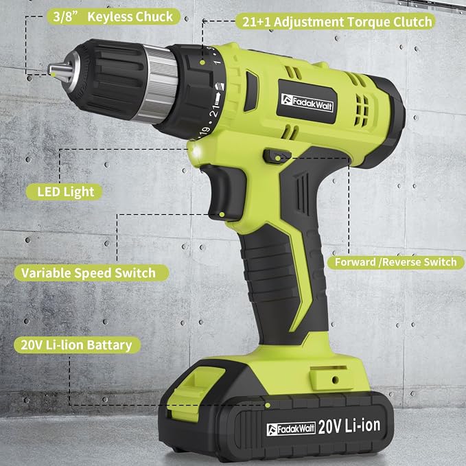 FADAKWALT Cordless Drill Set, 20V Electric Power Drill with Battery And Charger, Torque 30N, 21+1 Torque Setting, 3/8-Inch Keyless Chuck, Drill Driver Bits Kit, with LED