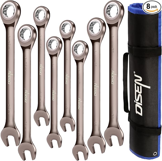 DISEN 8pcs Large Wrench Set Nickel Plating Jumbo Ratcheting Wrench Set | Metric & SAE Combination Wrench Set with Rolling Pouch 24,27,30,32mm & 1'',1-1/16'',1-1/8'',1-1/4'' CR-V Steel Father's Gift