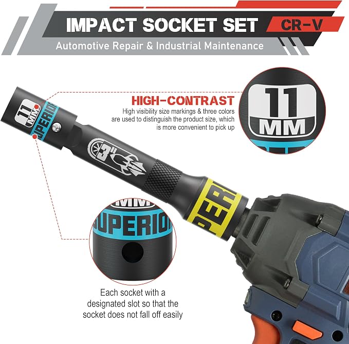 50 Piece 3/8" Drive Impact Socket Set, SAE (5/16"-3/4") and Metric (7 mm-19 mm), Deep & Shallow Sockets with Extension Bars, Adapters, Automotive Repair & Industrial Maintenance
