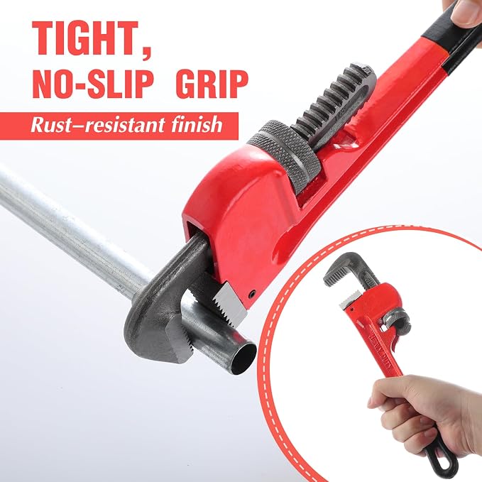 6 Piece Heavy Duty Pipe Wrench Set - 8", 10", 12", 14", 18", 24", Adjustable Chrome Vanadium Steel Plumbing Wrench Set with Soft Handle & Gloves for Plumbers, Pipeline, Auto Repair(Red)