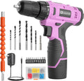 FADAKWALT Cordless Drill Set, 12V Power Drill Set with Battery and Charger, 3/8'' Keyless Chuck, 21+1 Torque Setting, 180 inch-lbs, Pink Electric Drill for Women's Garden DIY Projects（Pink)