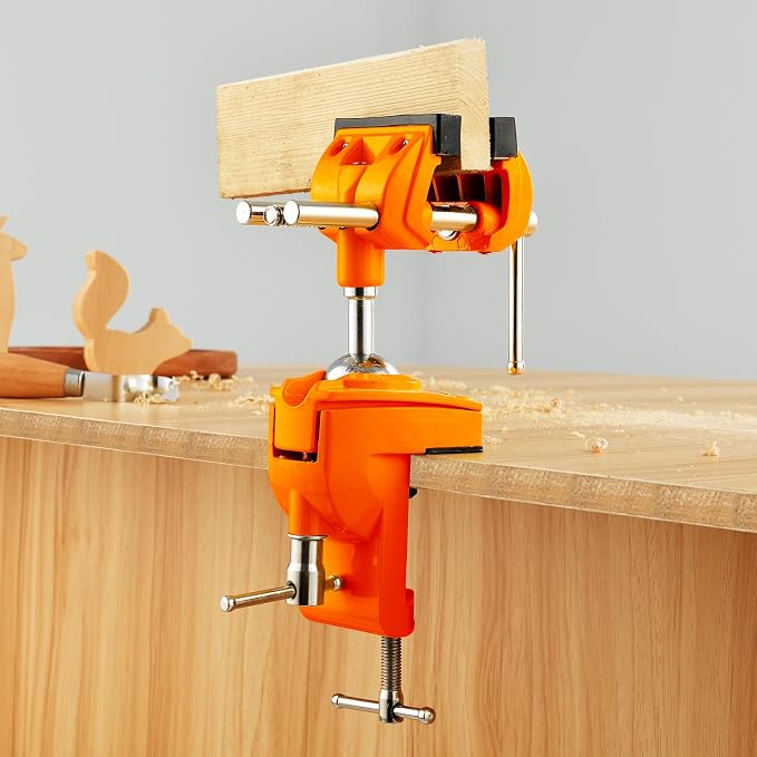 Bench Vise, 360° Swiveling Articulating Vise, Clamp-On Vise for Workbench, Cast Steel Table Clamp Vise, Pipe Vise, Bench Vice for Woodworking, DIY, Drilling, Sawing, Metal Working, Orange