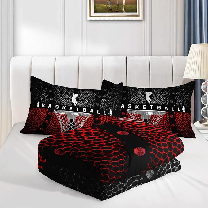 Axolotl Basketball Bedding Set for Boys Kids Teens,Soft Microfiber Black and Red Sports Theme Basketball Bedding Sets Queen Size with 1 Comforter and 2 Pillowcases All Season