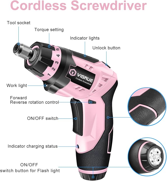 VIGRUE Electric Screwdriver Cordless, Cordless Screwdriver Rechargeable, 48 Pcs Set Power Screwdriver for Daily